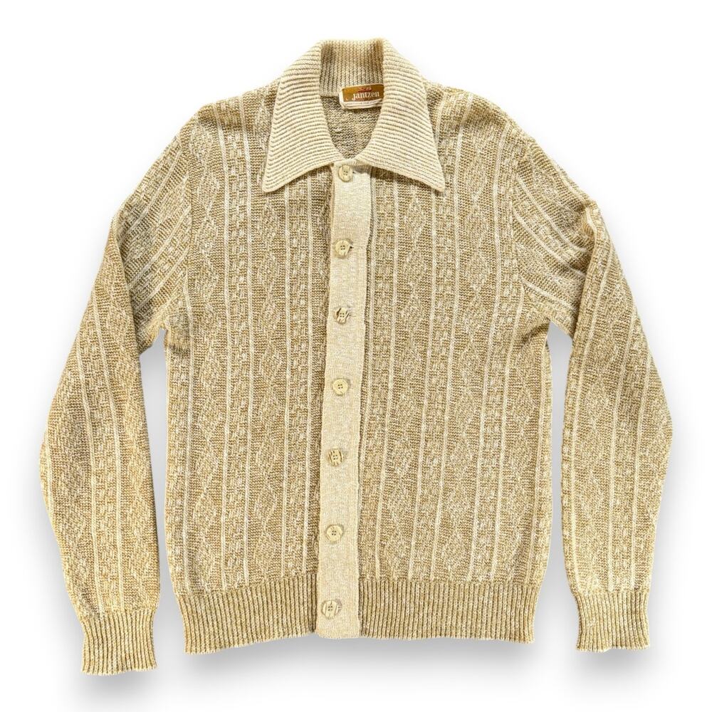 Vintage Jantzen Sweater Adult MEDIUM Brown Cream Collared Cardigan Knit USA 70s